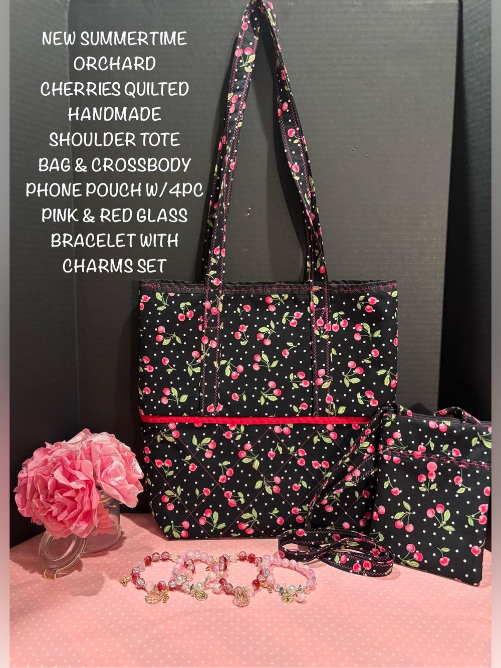 NEW ORCHARD CHERRIES QUILTED TOTE BAG W/ PHONE POUCH & 4PC GLASS BRACEETS SET